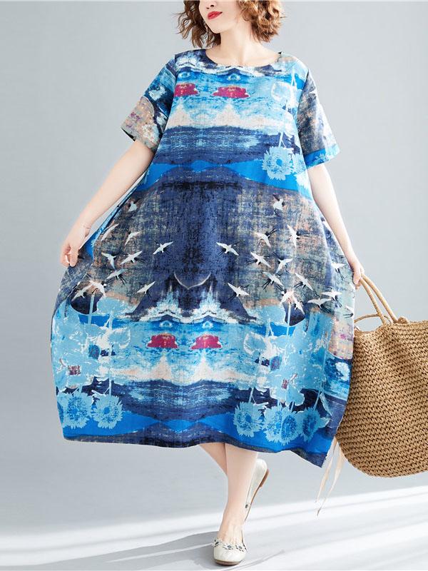 Ramie Cotton Plus Size Printing Style Midi Dresses