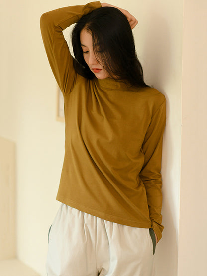 Simple Long Sleeves Elastics Solid Color High-Neck T-Shirts Tops