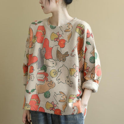 Buykud Loose O-neck Cartoon Printed Casual Sweater