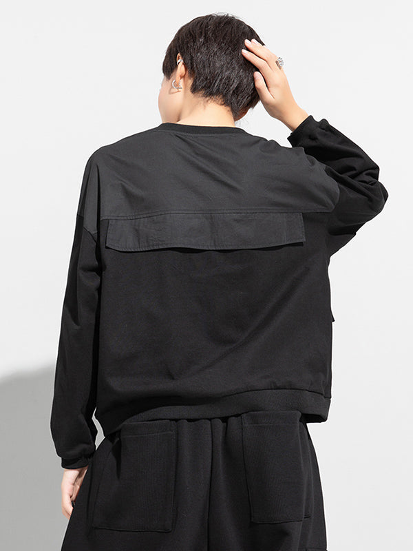 Casual Black Split-Joint Big Pocket Long Sleeves Round-Neck T-Shirt