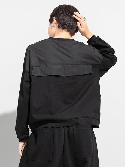 Casual Black Split-Joint Big Pocket Long Sleeves Round-Neck T-Shirt