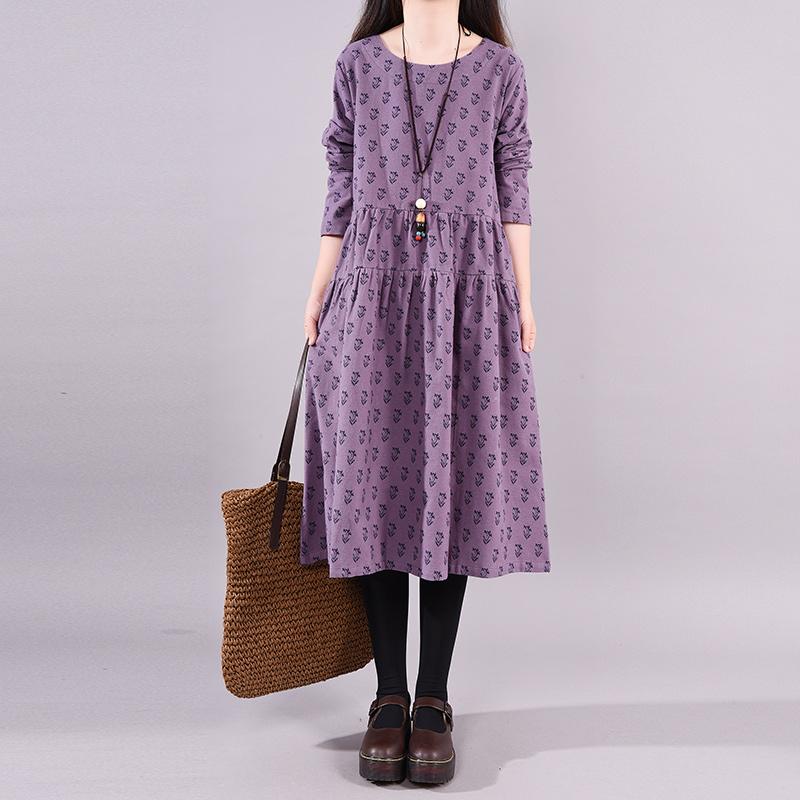 Buykud Casual Plant Printed O-Neck Pullover A-Line Dress