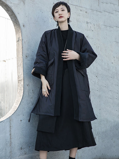 Fashion Solid Color Split-Side Long Sleeves Bandage  Cotton-Padded Coat
