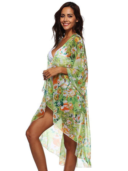 Chiffon Flared Sleeves Printed Cover-Ups