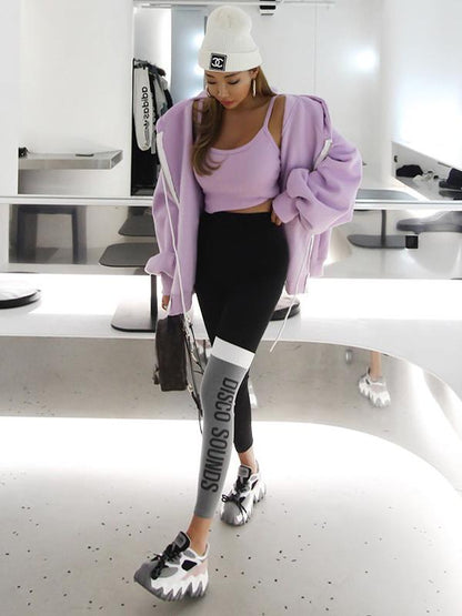 Wrap Letters Printed Contrast Color Leggings