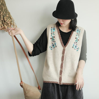 Buykud Wavy Edge Embroidery Cardigan Retro Waistcoat