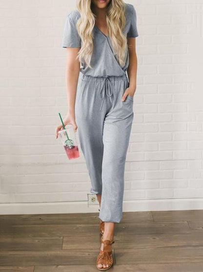 V-neck Bandage Solid Bohemia Jumpsuits