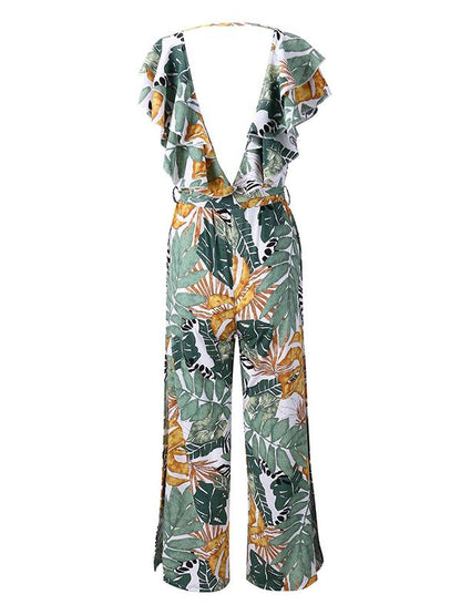 Printed Leaf Pattern Falbala Bohemia Jumpsuits