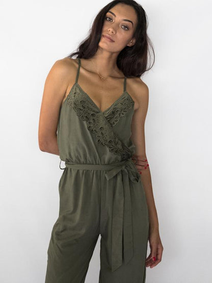 Spaghetti-neck Belted Lacy Jumpsuits