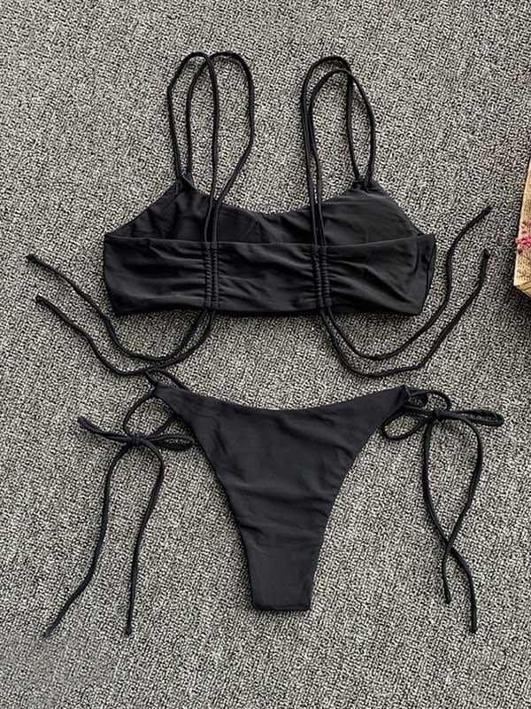 Solid Color Lace-Up Bikini Swimsuit