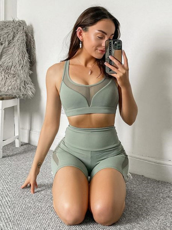 Mesh Split-Joint Sports Bra&Shorts Suits