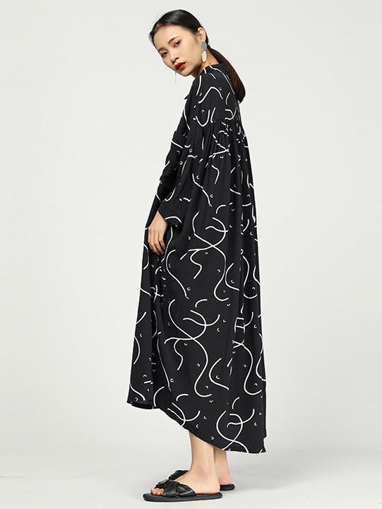 Original Ramie Cotton Printed Lapel Long Blouse Dress