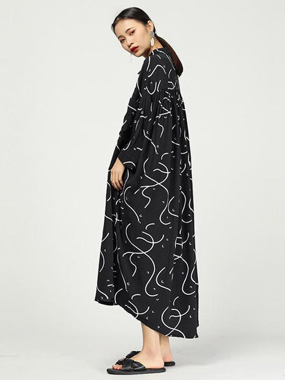 Original Ramie Cotton Printed Lapel Long Blouse Dress