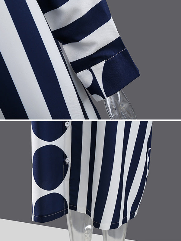 Original Striped Polka-Dot Split-Joint Buttoned Lapel Collar Long Sleeves Midi Shirt Dress