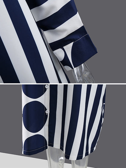 Original Striped Polka-Dot Split-Joint Buttoned Lapel Collar Long Sleeves Midi Shirt Dress