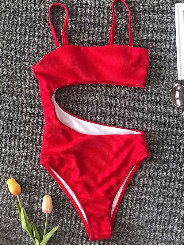 Solid Color Asymmetric Hollow One-Piece Swimwear