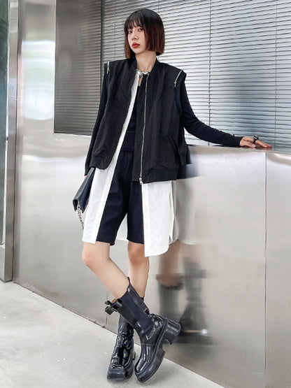 Cool Street Split-Joint Zipper Buttoned Round-Neck Sleeveless False Two Vest Outwear
