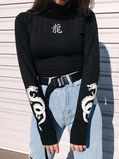 Bare Midriff Dragon Printed T-shirt
