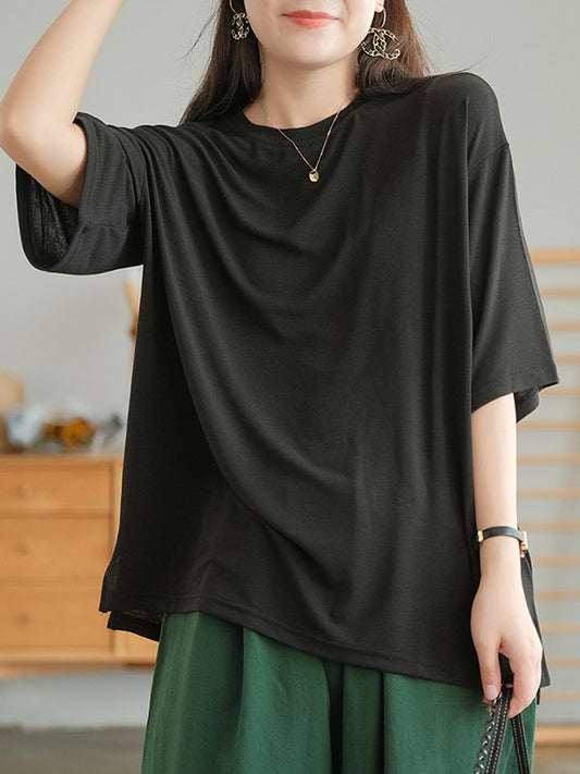 Casual Simple Solid Color Loose Round-Neck Half Sleeves T-Shirt