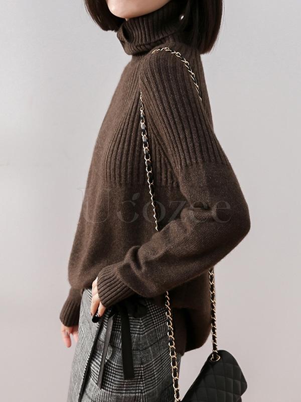 Loose High-neck High-low Solid Casual Sweater