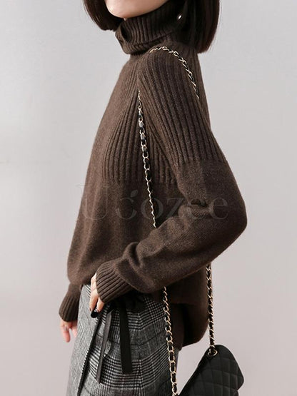 Loose High-neck High-low Solid Casual Sweater
