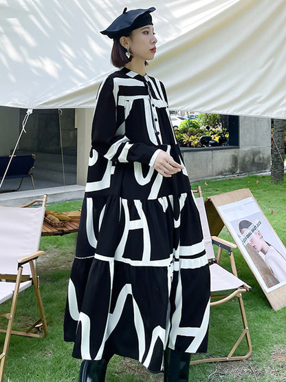 Loose Stand Collar Printed A-Line Midi Dress