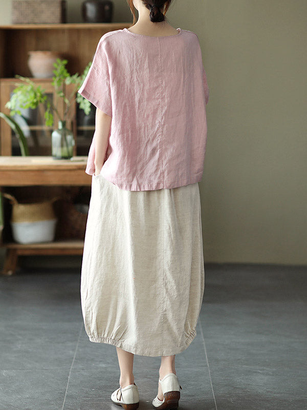 Ramie Cotton Printing Round-Neck T-Shirts Tops