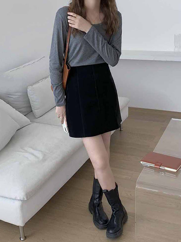 Casual Solid Color Long Sleeves Round-Neck T-Shirt Tops