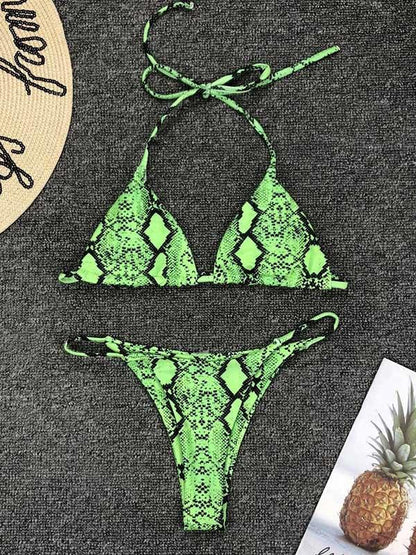 Snakeskin Print Top With High Cut Bikini Set