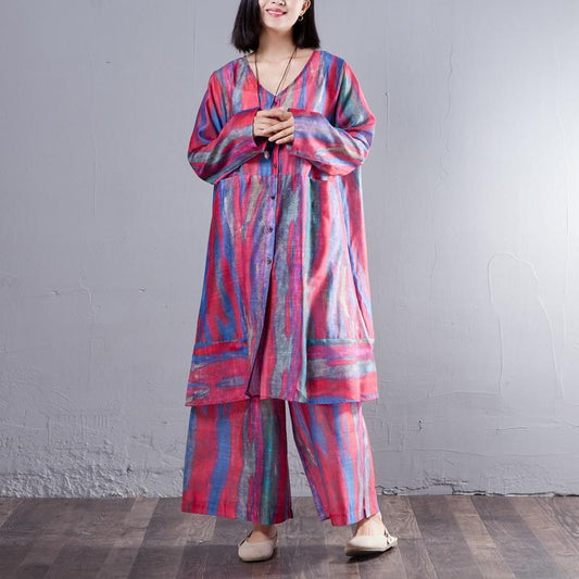 Casual Two-Piece V Neck Single Breasted Shirt Colorful Pant