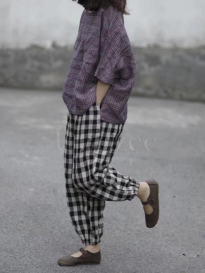 Retro Linen Plaid Casual Harem Pants