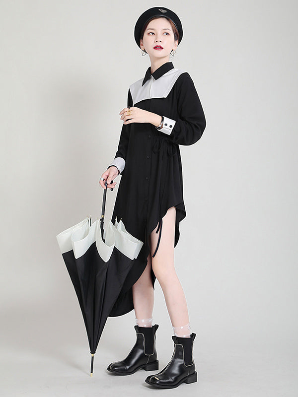 Original Irregular Split-Joint Buttoned Tied Lapel Collar Long Sleeves Midi Dress