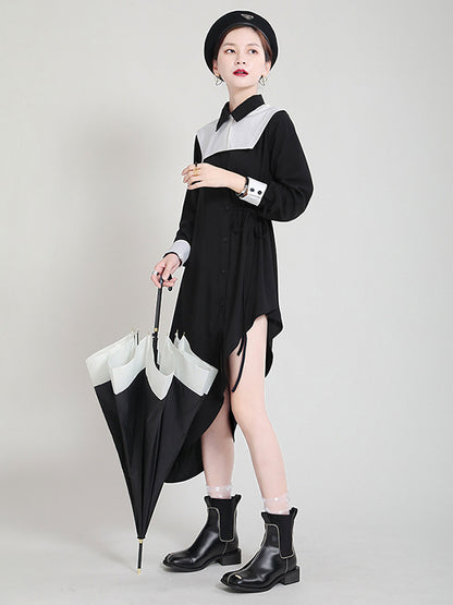 Original Irregular Split-Joint Buttoned Tied Lapel Collar Long Sleeves Midi Dress
