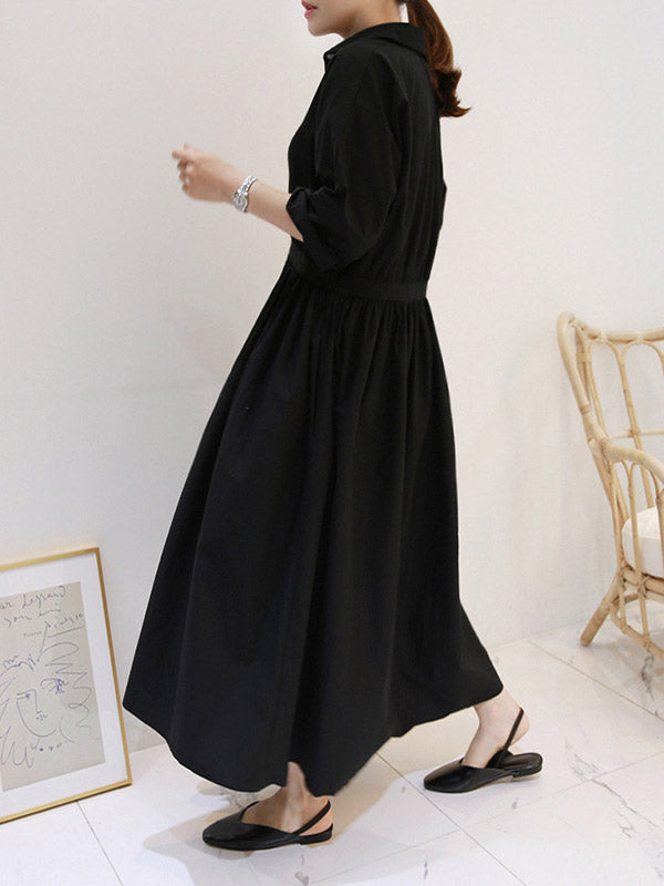 Casual Loose Solid Color Buttoned Pleated Lapel Collar Raglan Sleeves Midi Shirt Dress