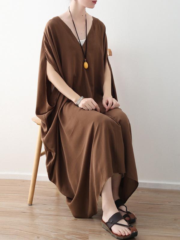 Loose Coffee Batwing Sleeves V-neck Long Dress