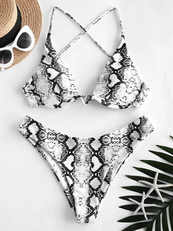 Snake-Print Underwired Backless Split Bikini Swimsuit