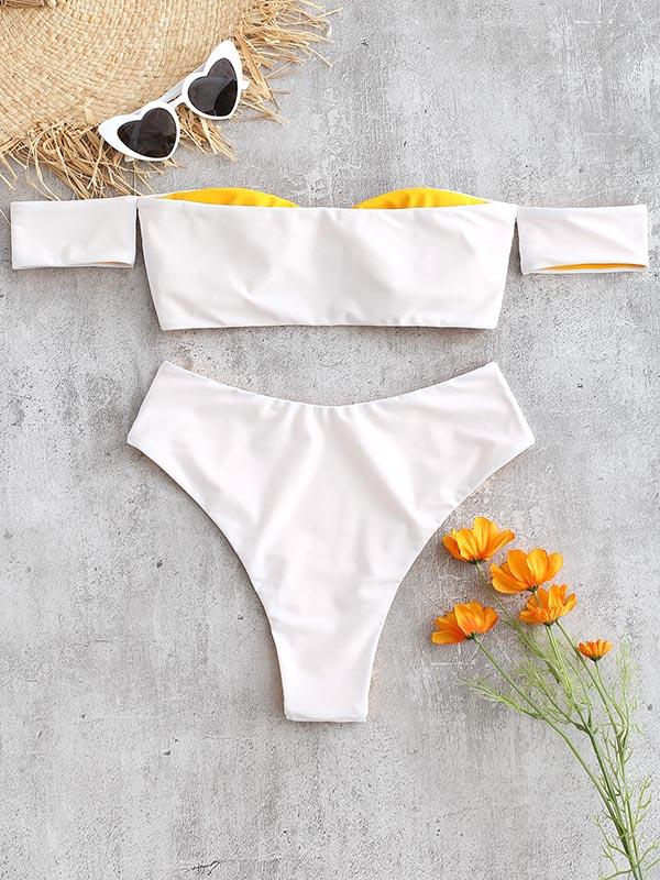 Strapless Knotted Short Sleeves Split Type Bikini Swimsuit