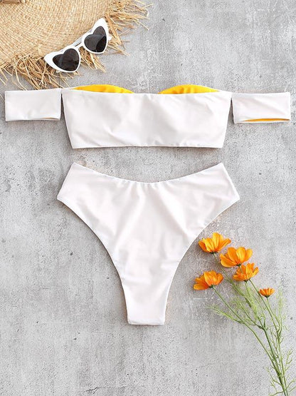 Strapless Knotted Short Sleeves Split Type Bikini Swimsuit