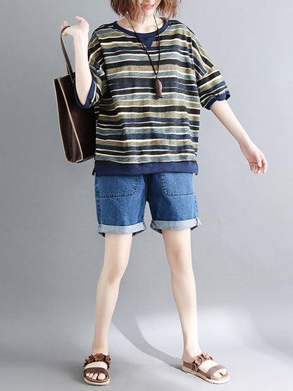 Casual Contrast Color Striped Short Sleeves T-Shirt Top