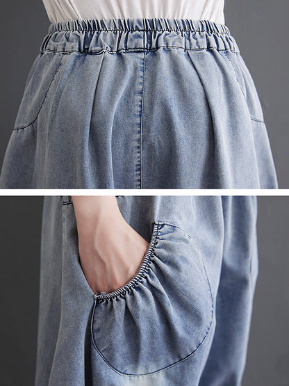 Loose Casual Elasticity High-Waist Wide Legs Jean Pants Knickerbockers