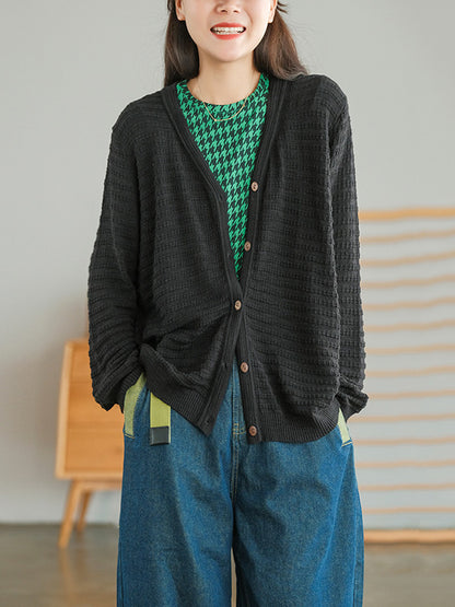 Casual Solid Color Buttoned V-Neck Long Sleeves Jacquard Knitted Cardigan
