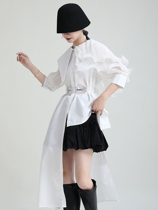 Stylish Irregular 4 Colors Split-Joint Pleated Mesh Falbala Buttoned Lapel Collar Bishop Sleeves Blouse