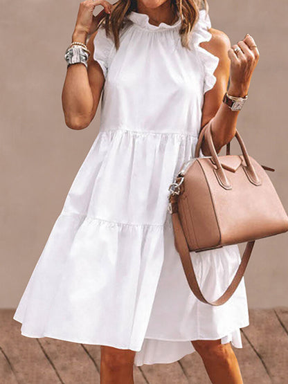 Stylish Solid Color Falbala Sleeveless Stand Collar Midi Dress