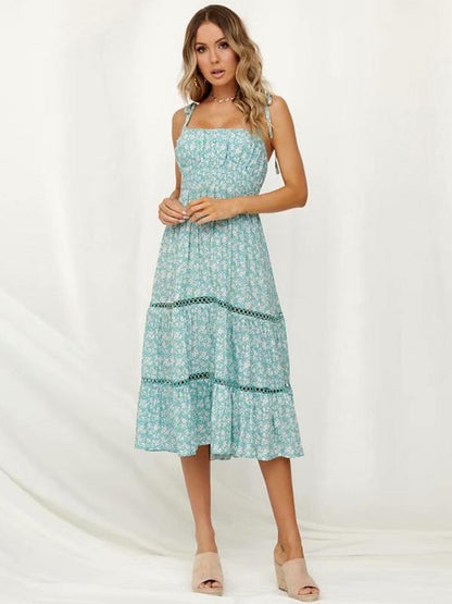 Printed Hollow Split-joint Spaghetti-neck Maxi Dress