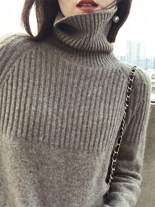 Loose High-neck High-low Solid Casual Sweater