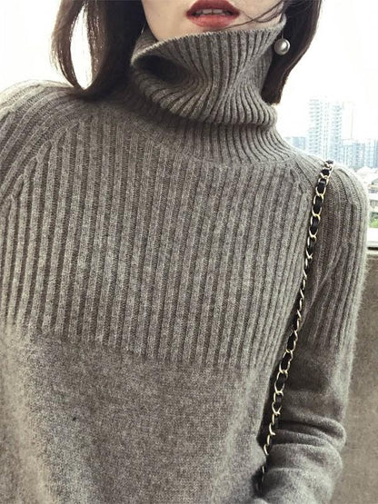 Loose High-neck High-low Solid Casual Sweater