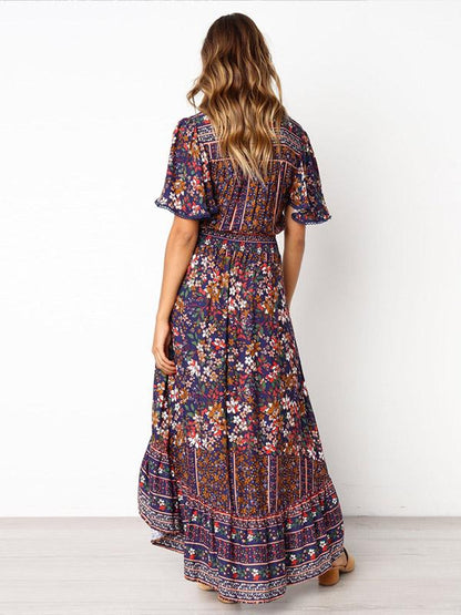 Printed Flared Sleeve Bohemian Flowers Maxi Dress