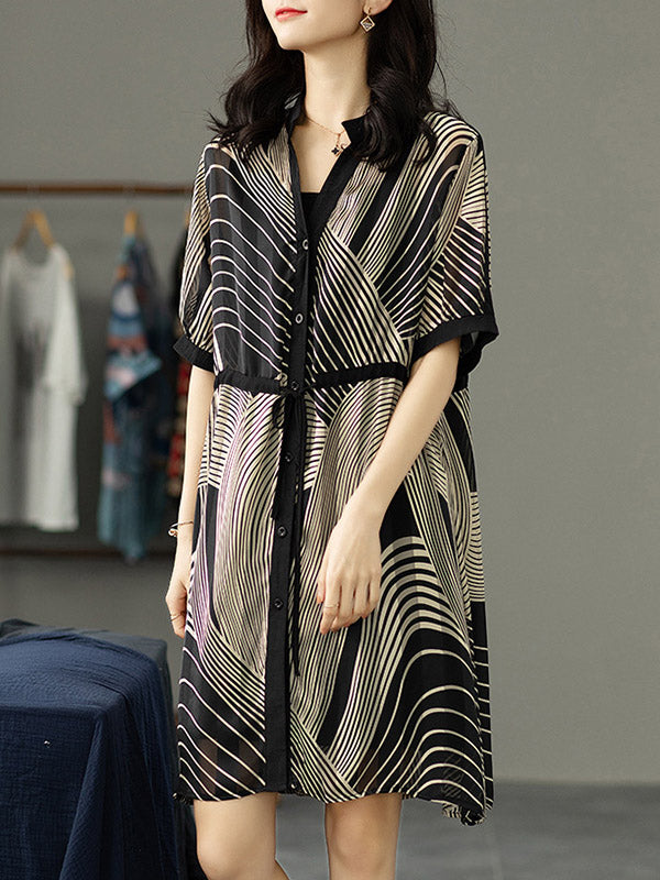 Original Irregular Striped Buttoned Tied V-Neck Half Sleeves Mini Dress