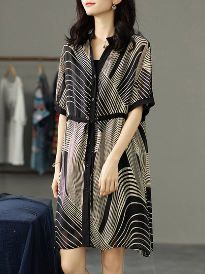 Original Irregular Striped Buttoned Tied V-Neck Half Sleeves Mini Dress