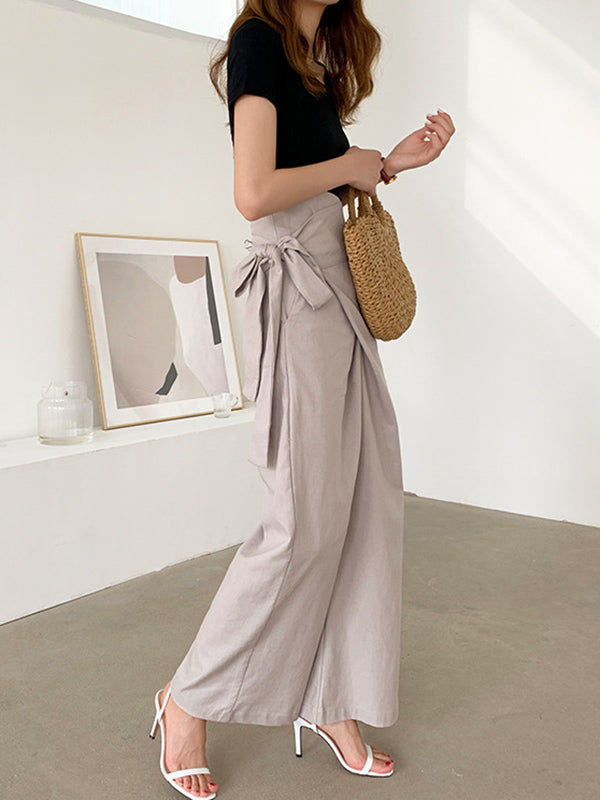 Simple 9 Colors Ramie Cotton Tied High-Waisted Pants